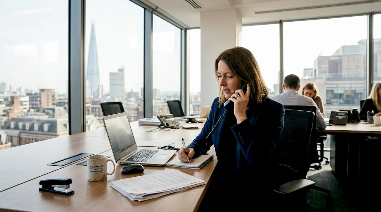 Professional using VoIP phone in busy UK office