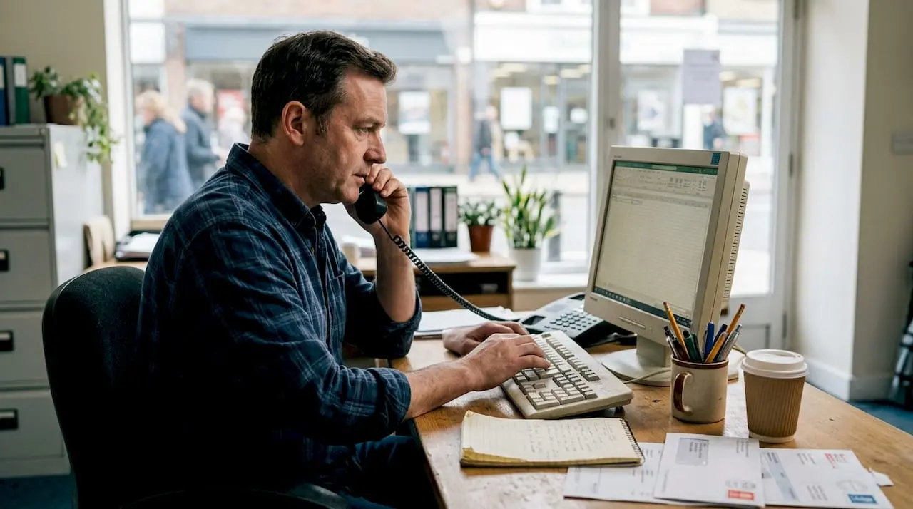 Business owner using fixed line landline phone