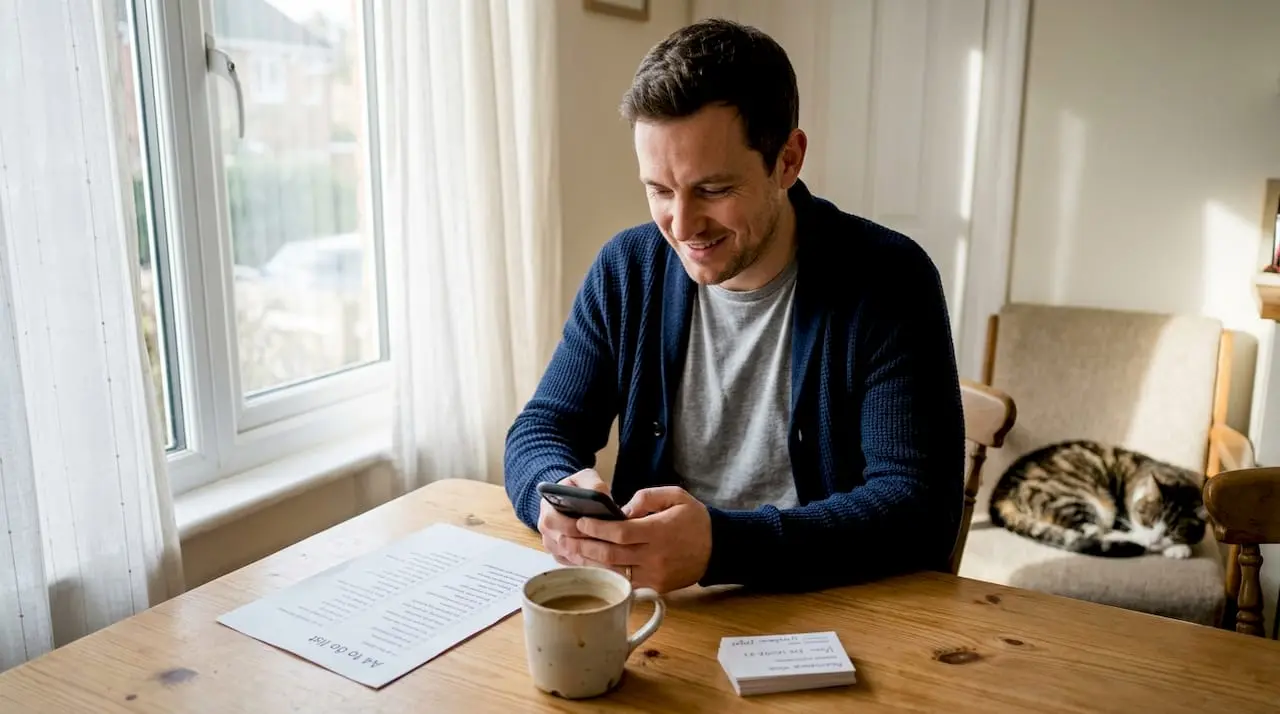 Business owner sending SMS to customer at home