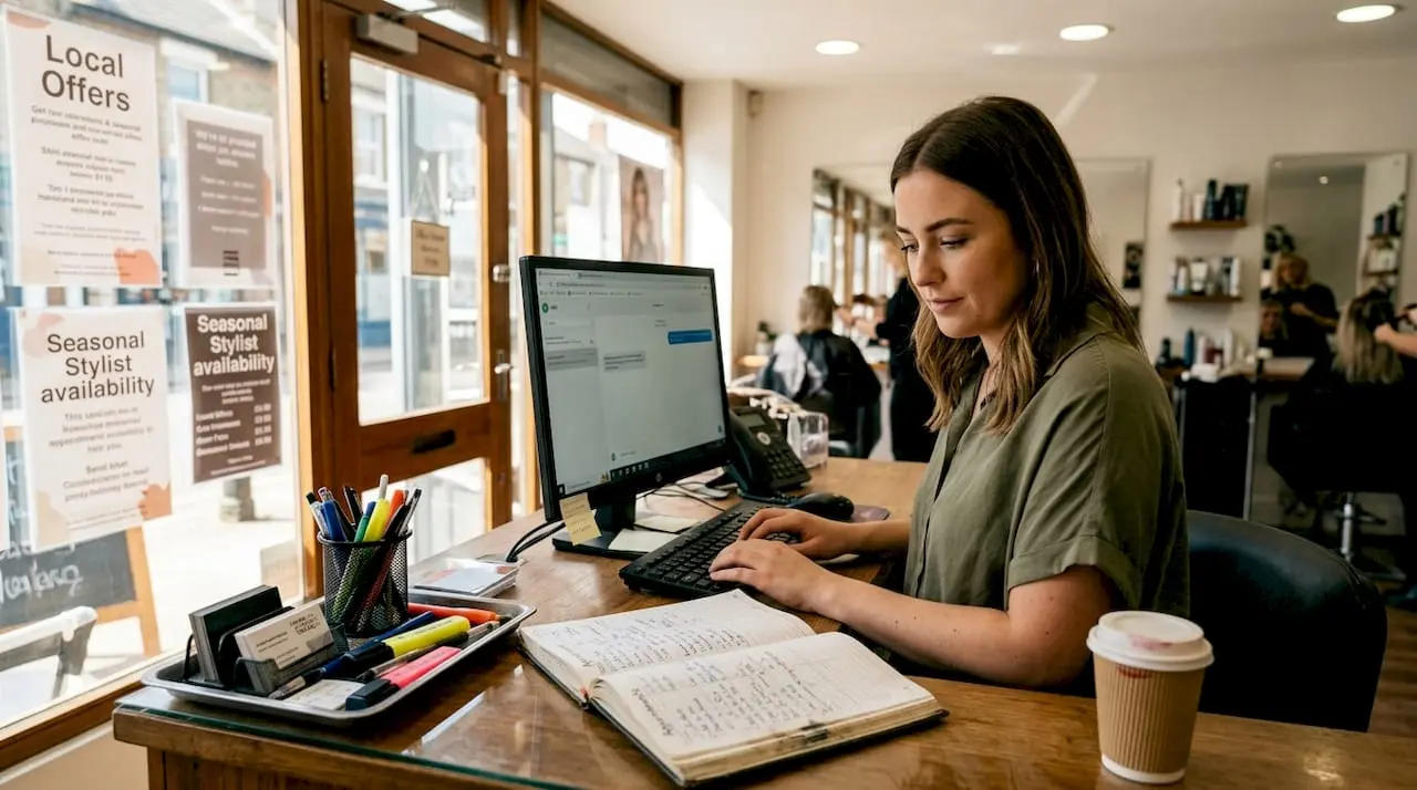 Receptionist sending SMS appointment reminders in salon