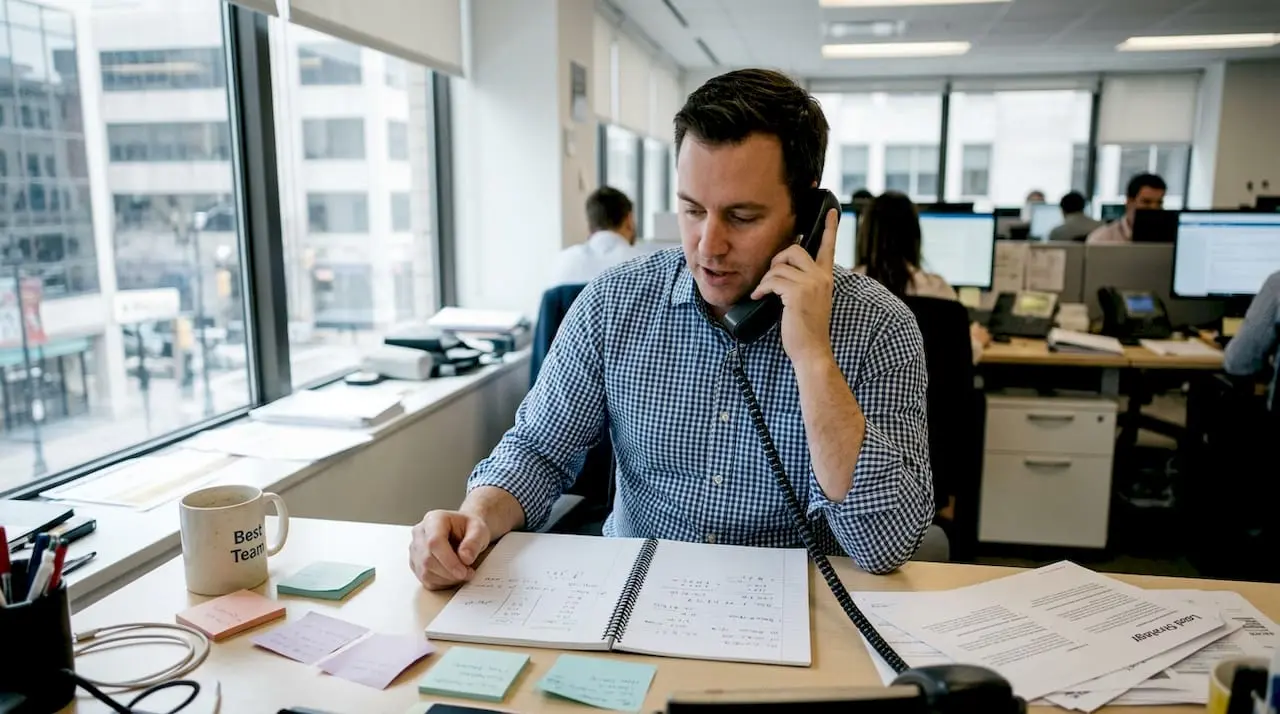 Marketer making work call at cluttered desk
