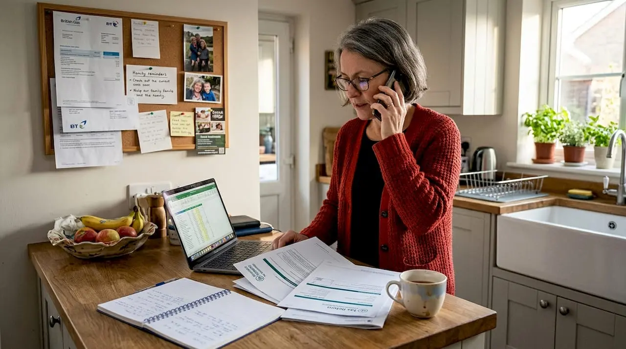 Small business owner multitasking with phone records