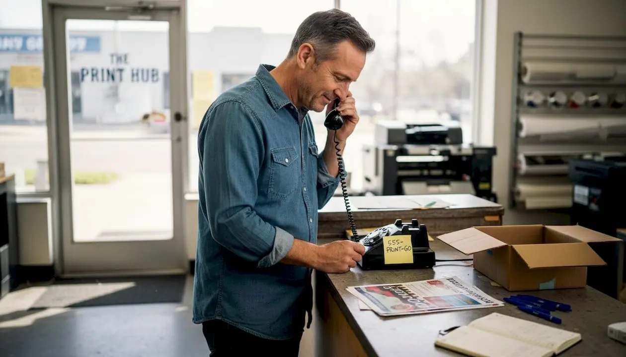 UK business owner dialing memorable phone number