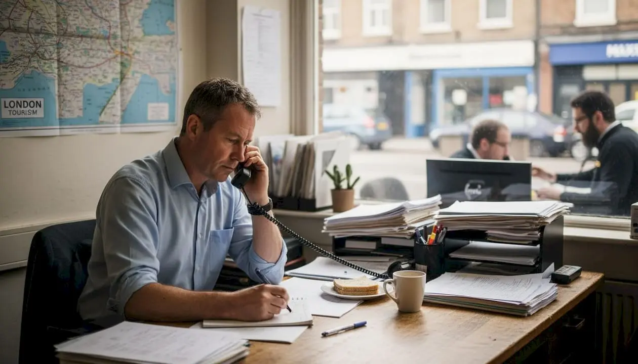 Businessman handling calls in busy UK taxi office