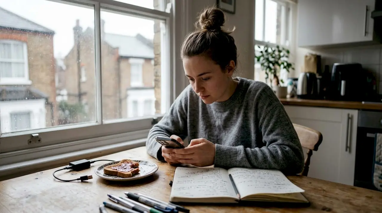 Business owner sets up phone forwarding at table