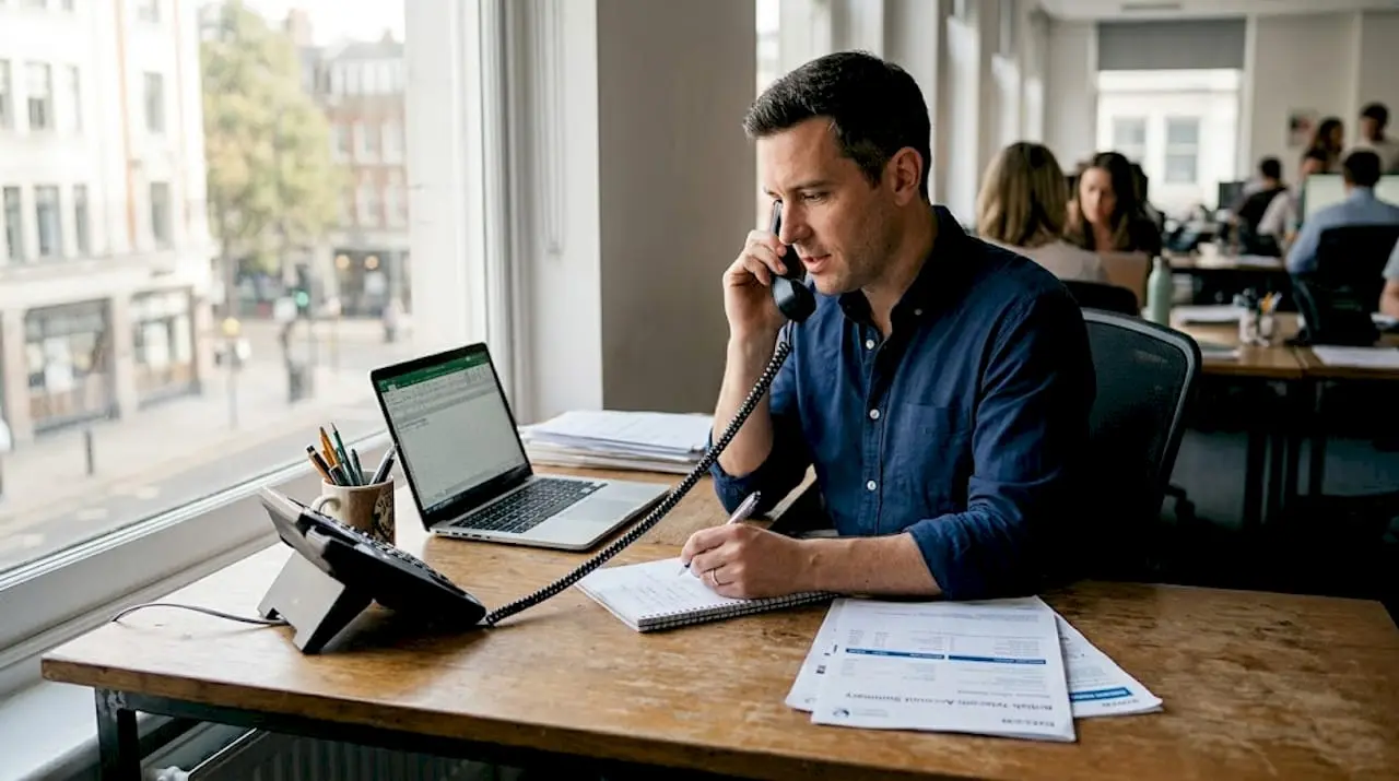 Man using desk phone in city office