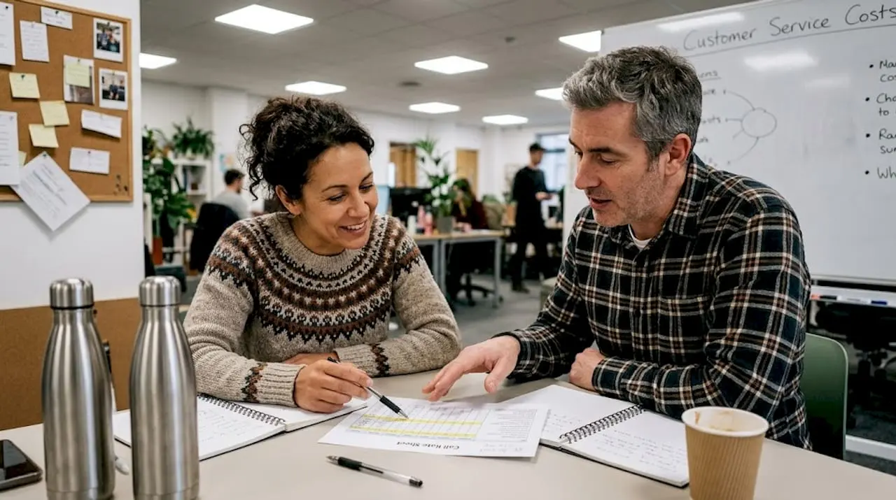 Colleagues reviewing call rate paperwork together
