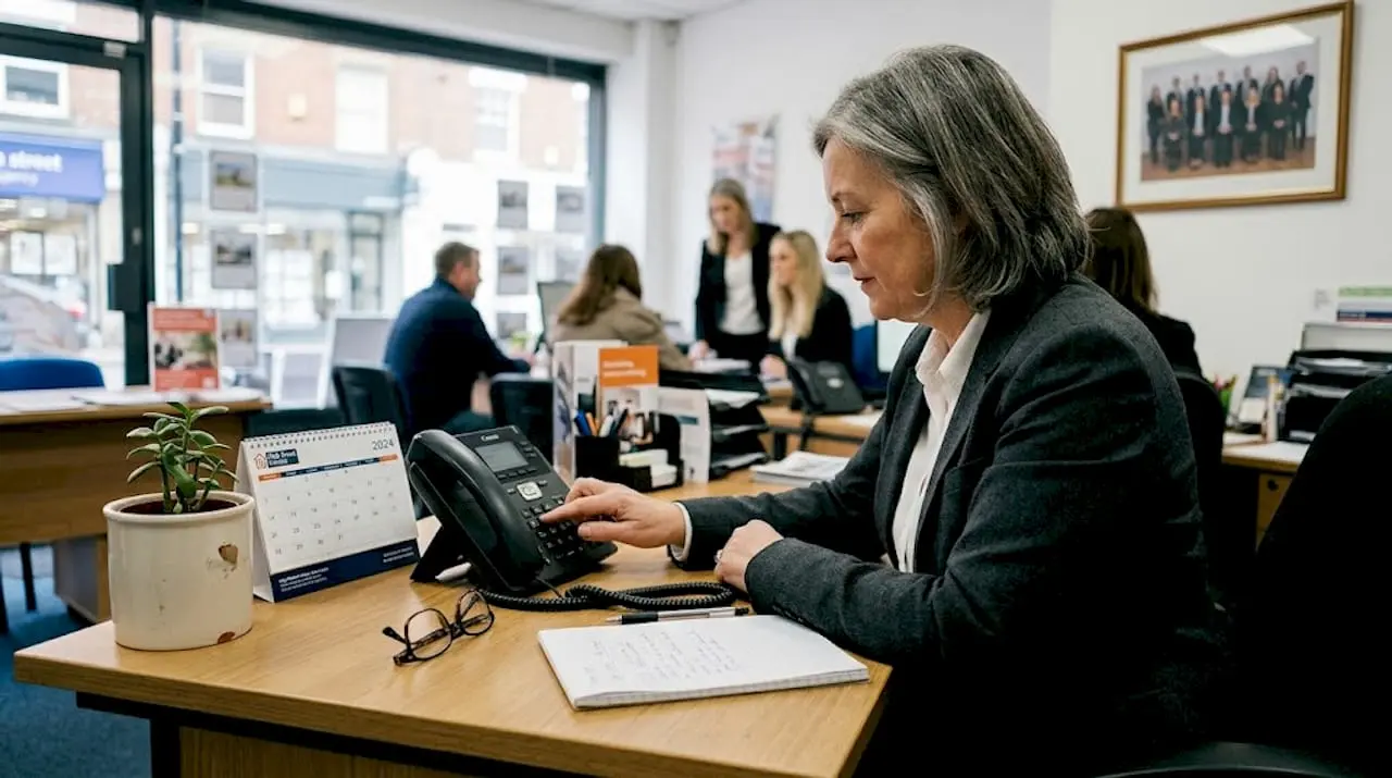 Businesswoman making call from desk landline