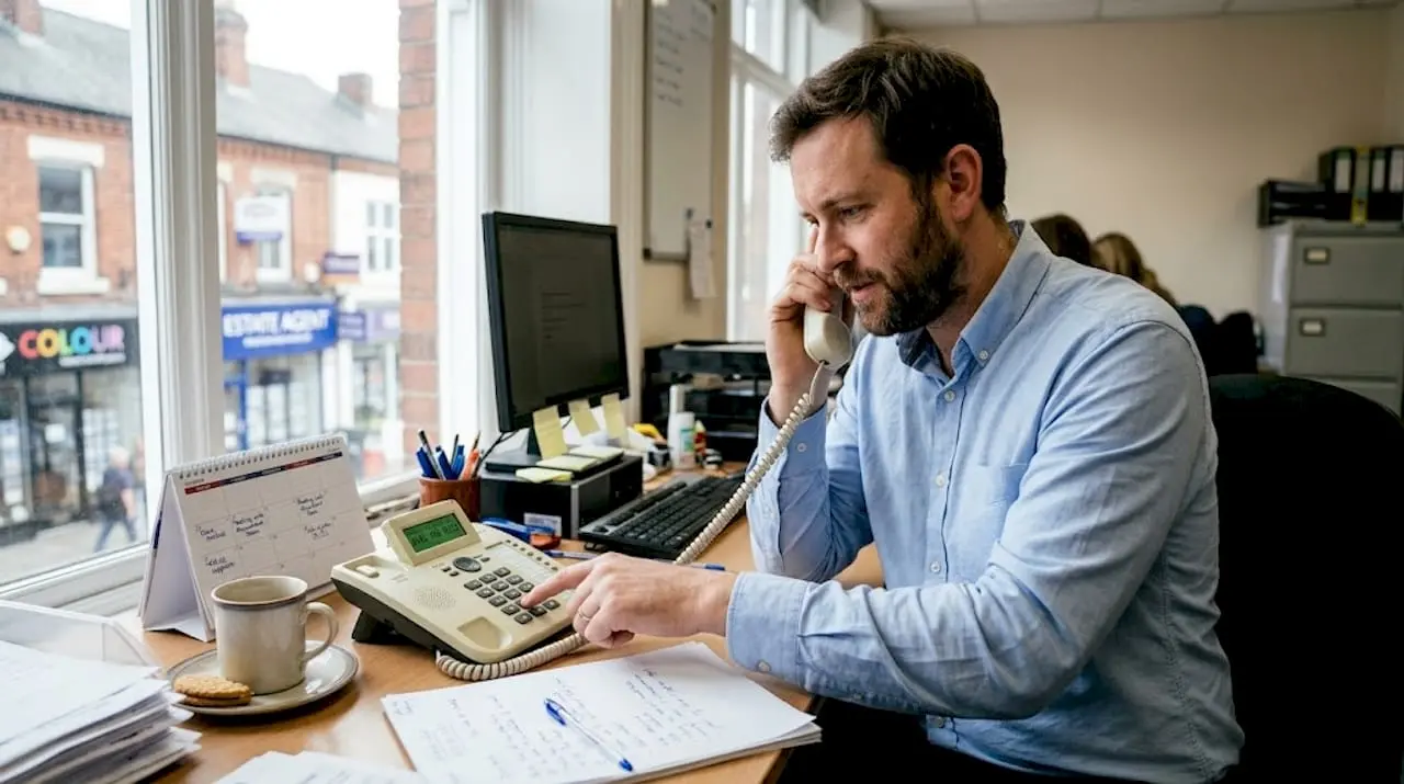 Business owner dialing sequential office phone