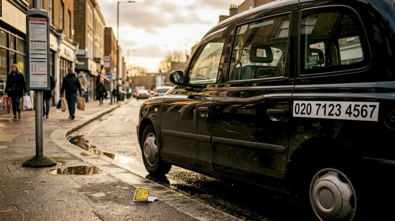 Taxi phone number visible on door