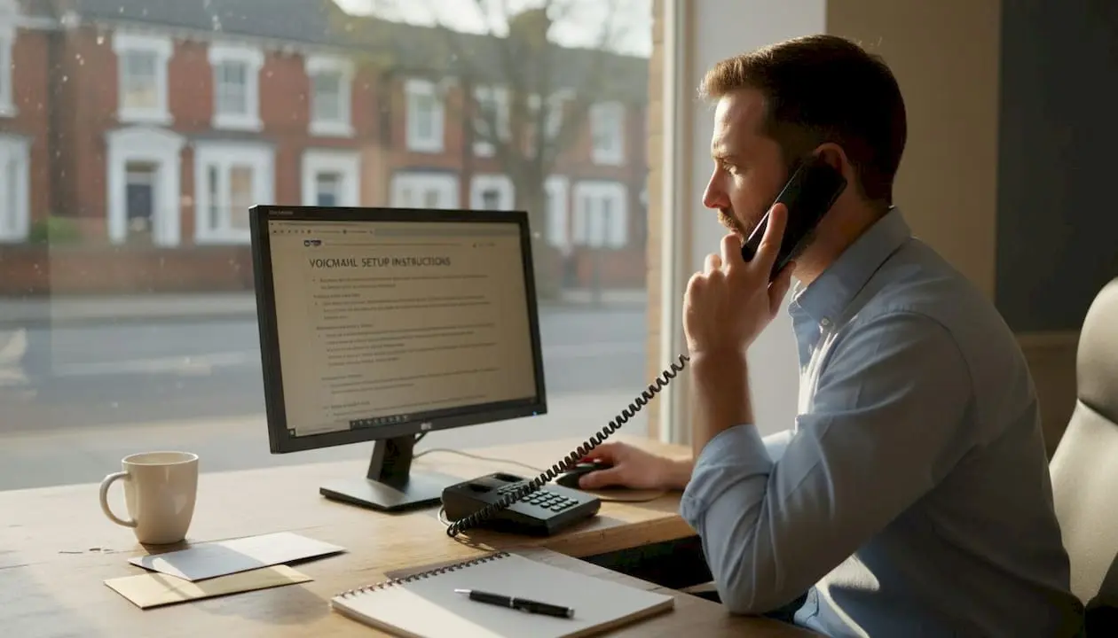 Business owner setting up voicemail at desk