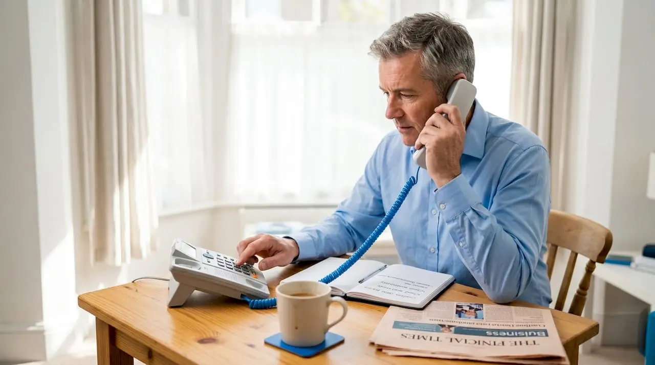 Man dialing UK freephone number in home office