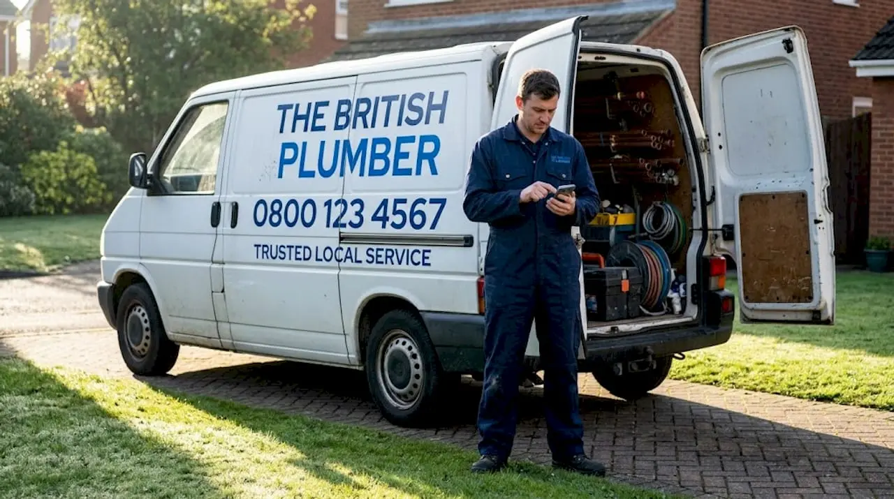 Plumber by van with prominent phone signage