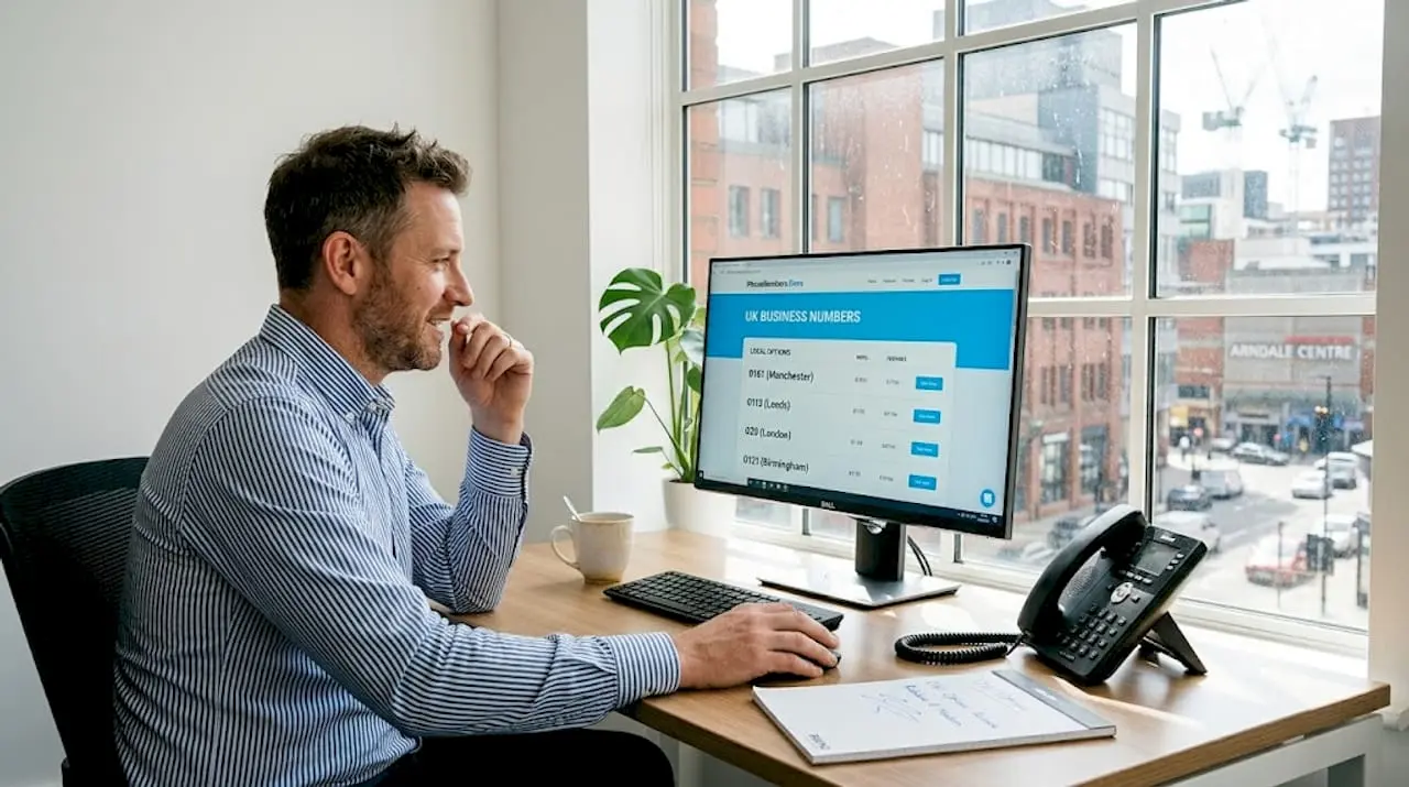 Business owner reviewing UK phone number options