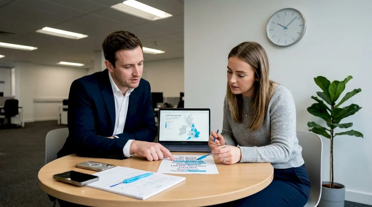 Colleagues discussing reliable UK number providers
