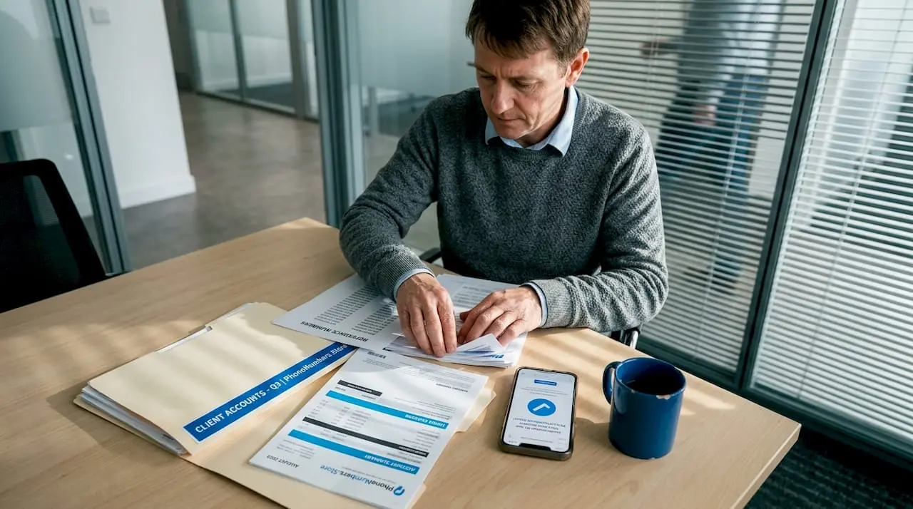 Worker organizing phone transfer documents
