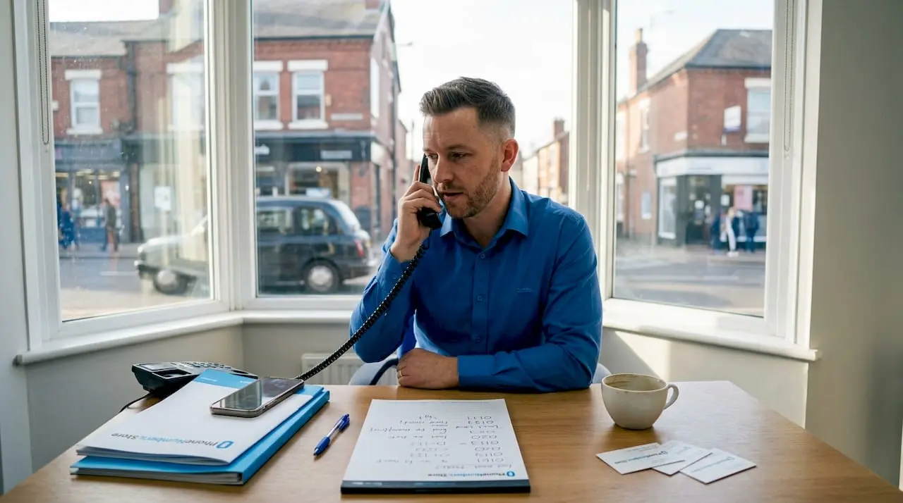 Business owner using landline and mobile phone at desk