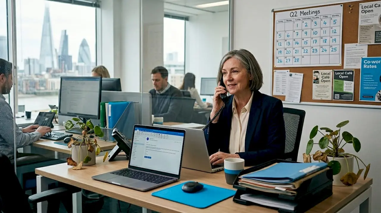 Woman building credibility using landline office phone