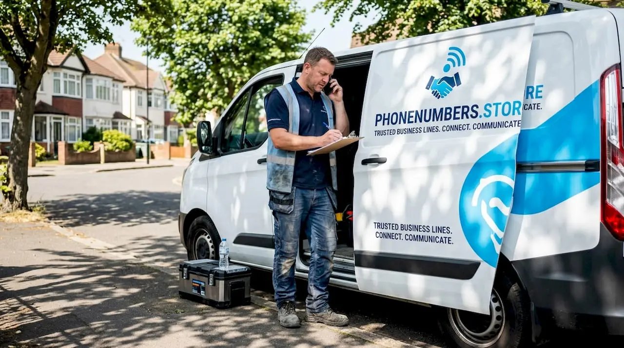 Plumber using mobile phone at van