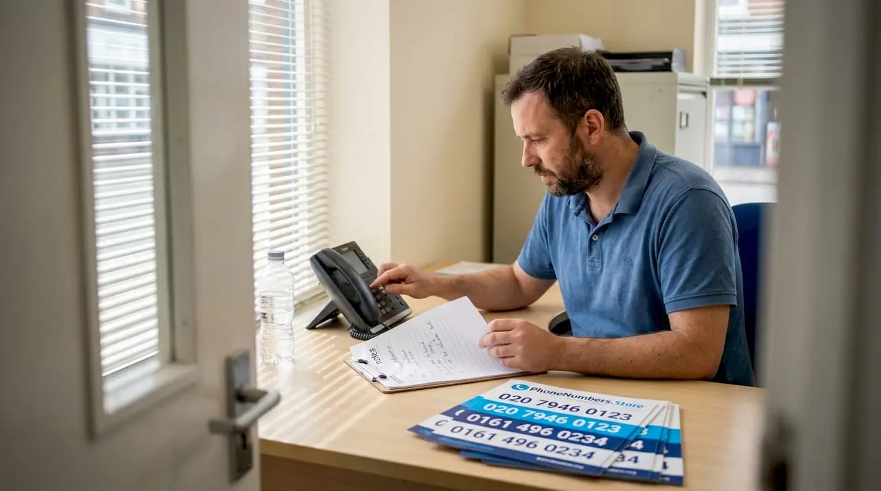 Small business owner dialing phone number