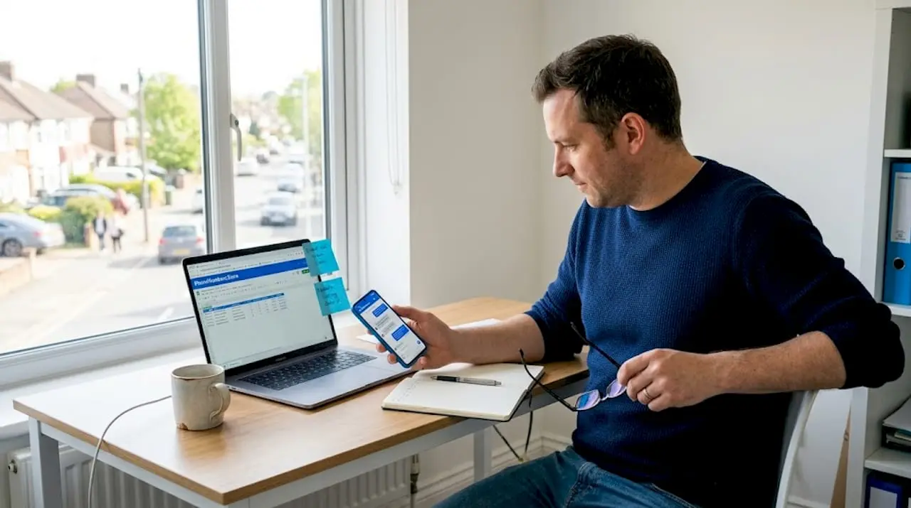 Business owner checks temporary phone number in home office