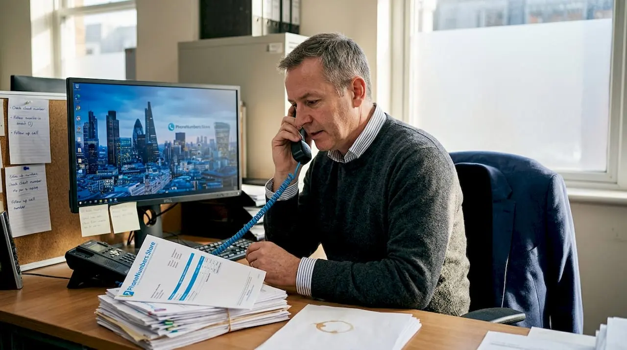 Businessman calling with landline and paperwork