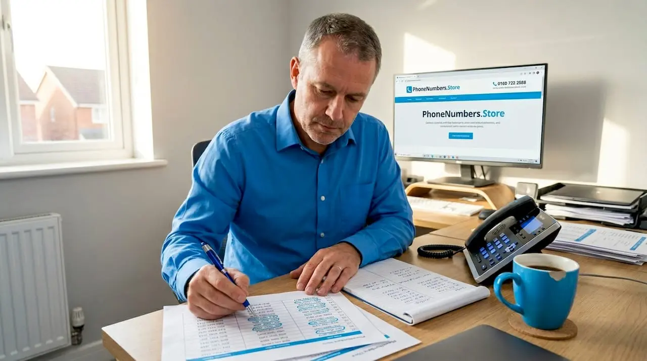 Business owner reviewing contact phone spreadsheet