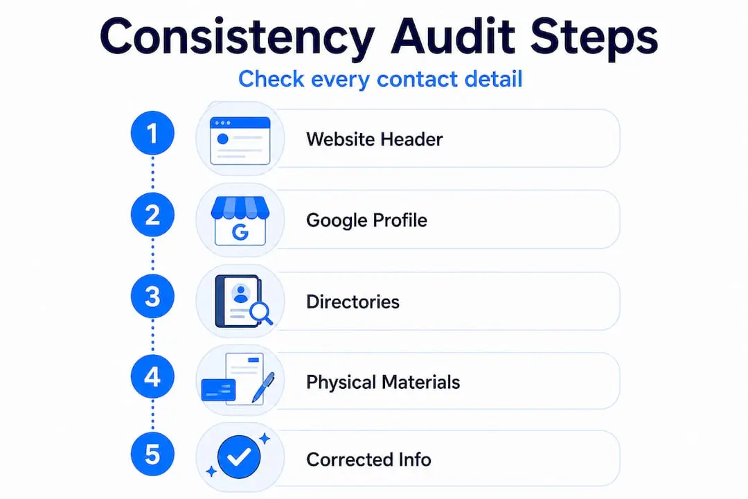 Infographic showing steps for auditing business contact number consistency