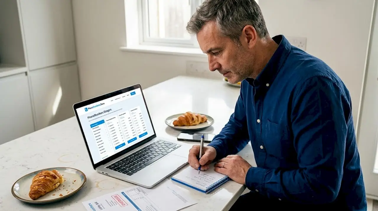 Man researching phone number options at home