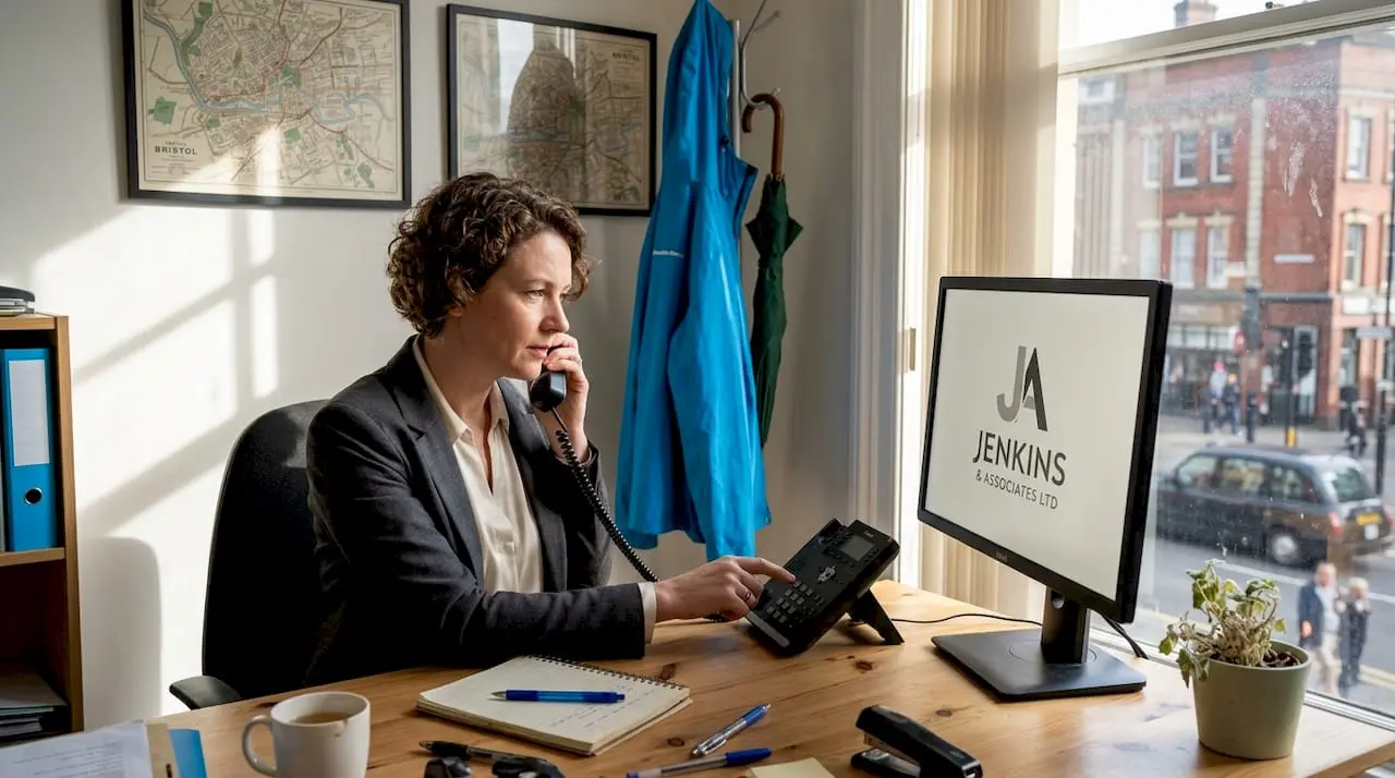 Business owner dialing branded office phone