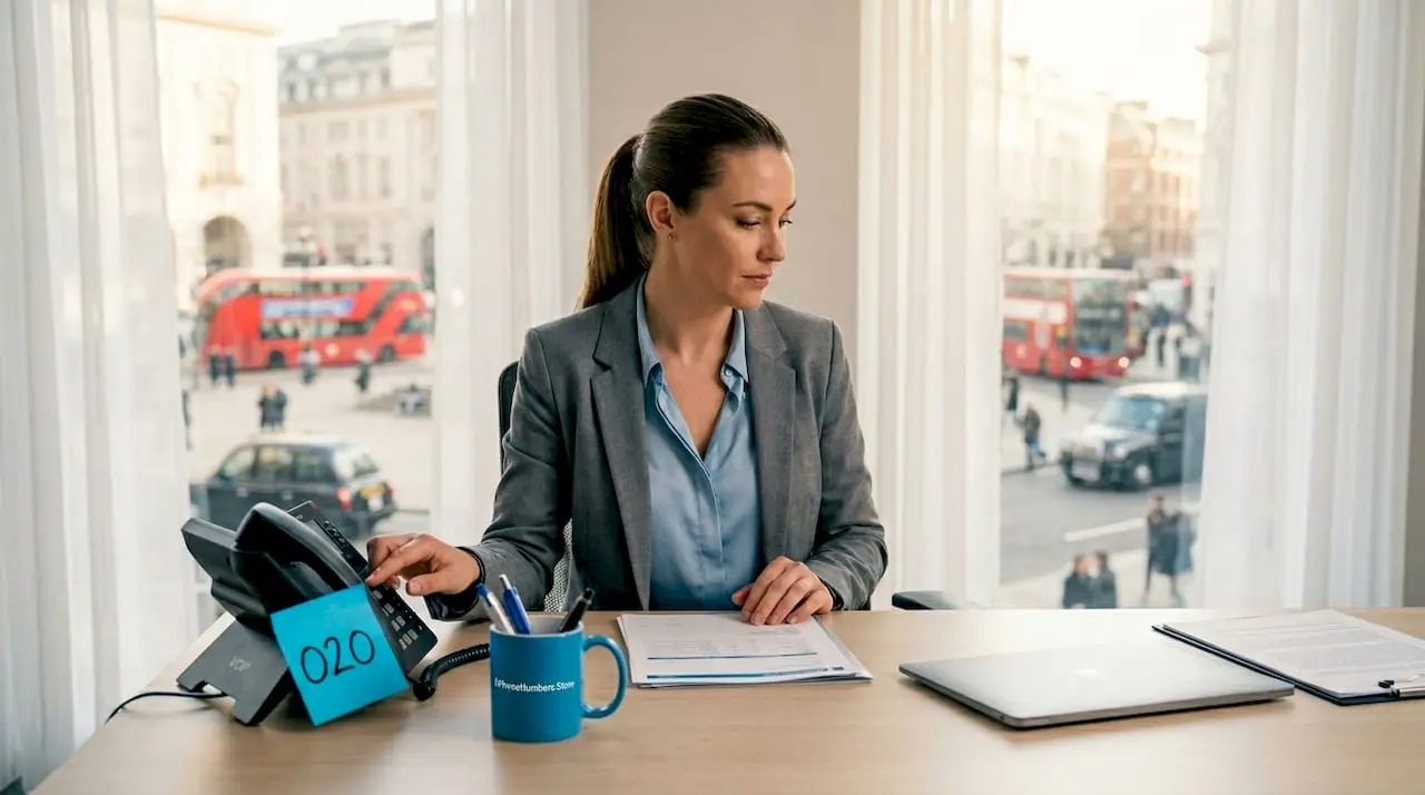 Woman dialing city-specific UK office phone