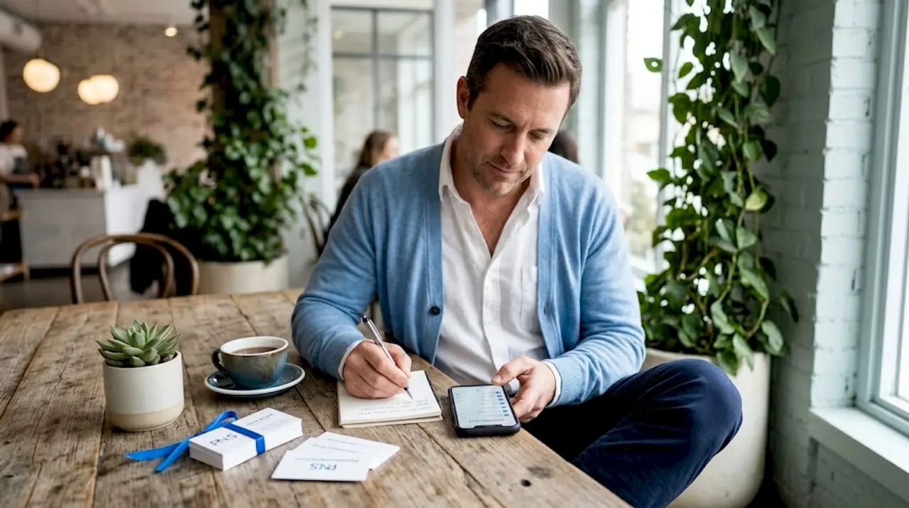 Man tracking business calls in café