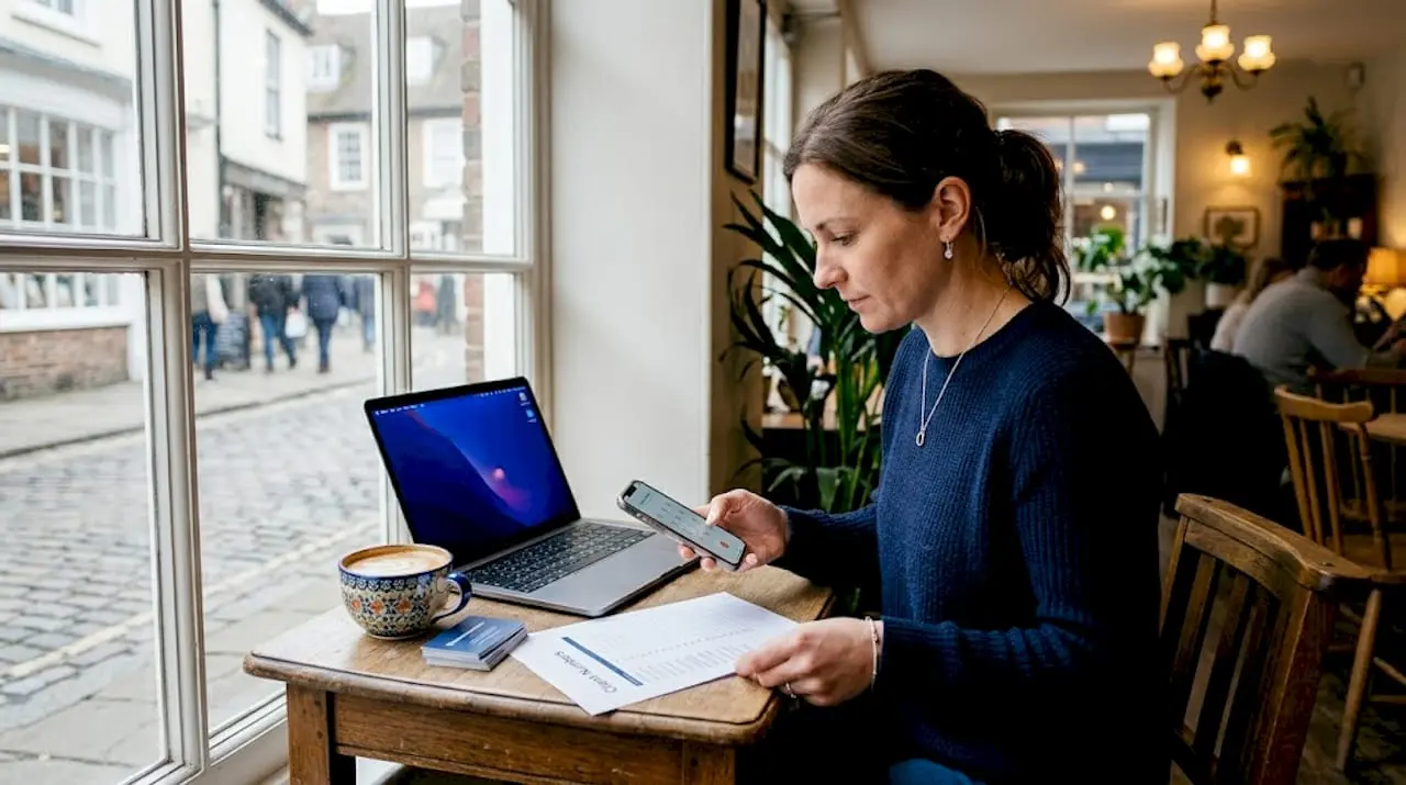 Woman managing phone numbers in home office