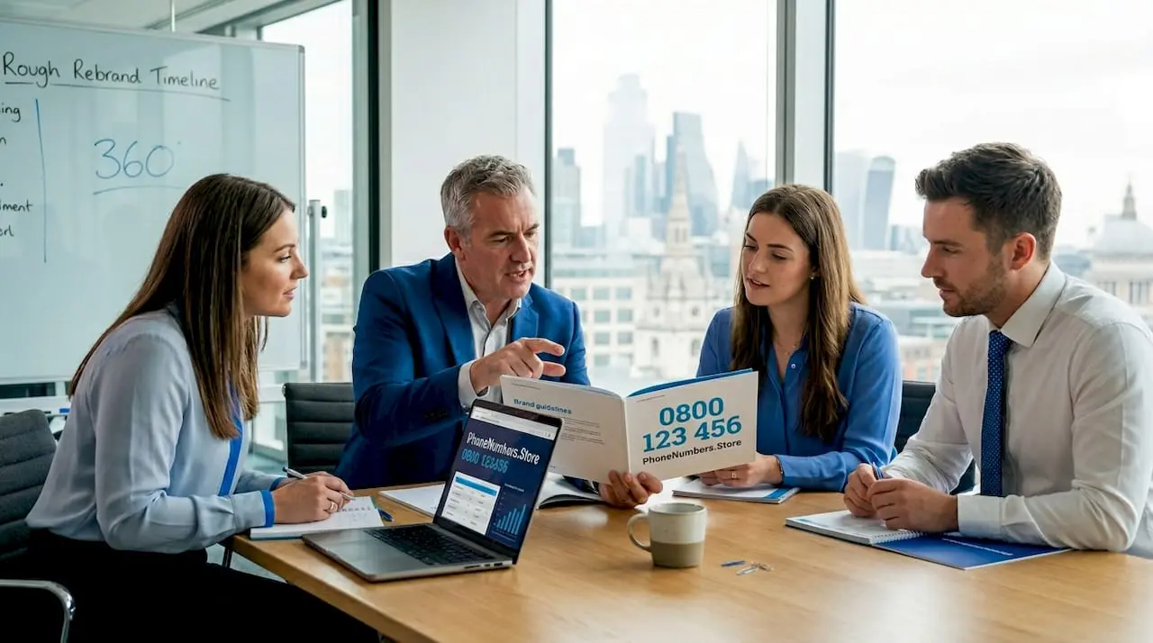 Team reviewing numeric rebranding in boardroom