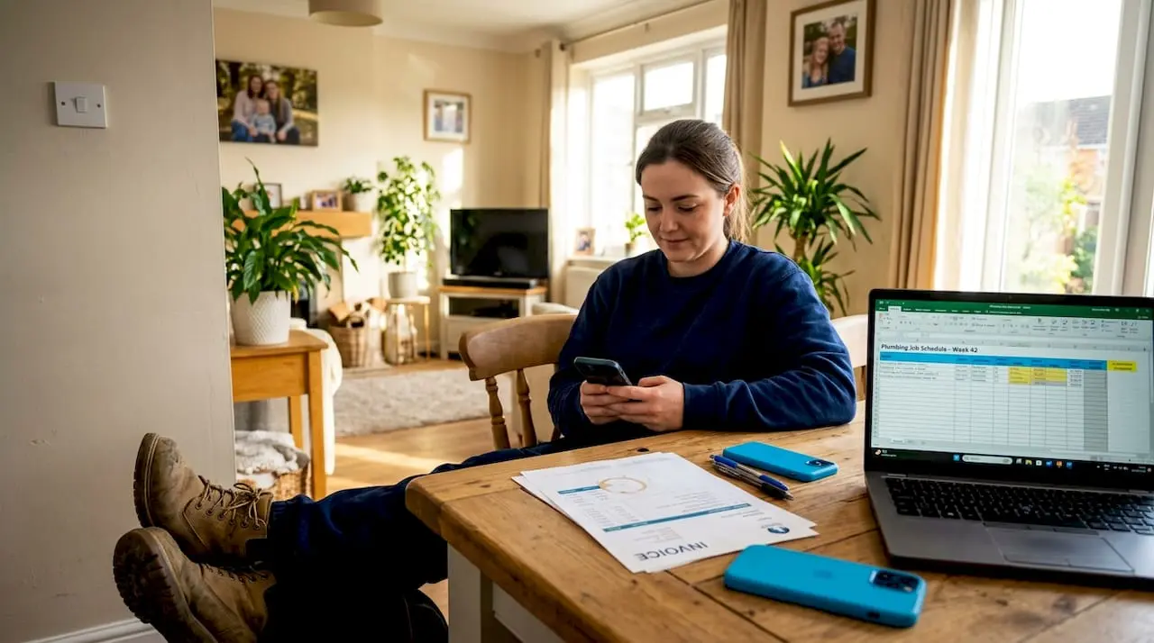Plumber texts customer at kitchen table