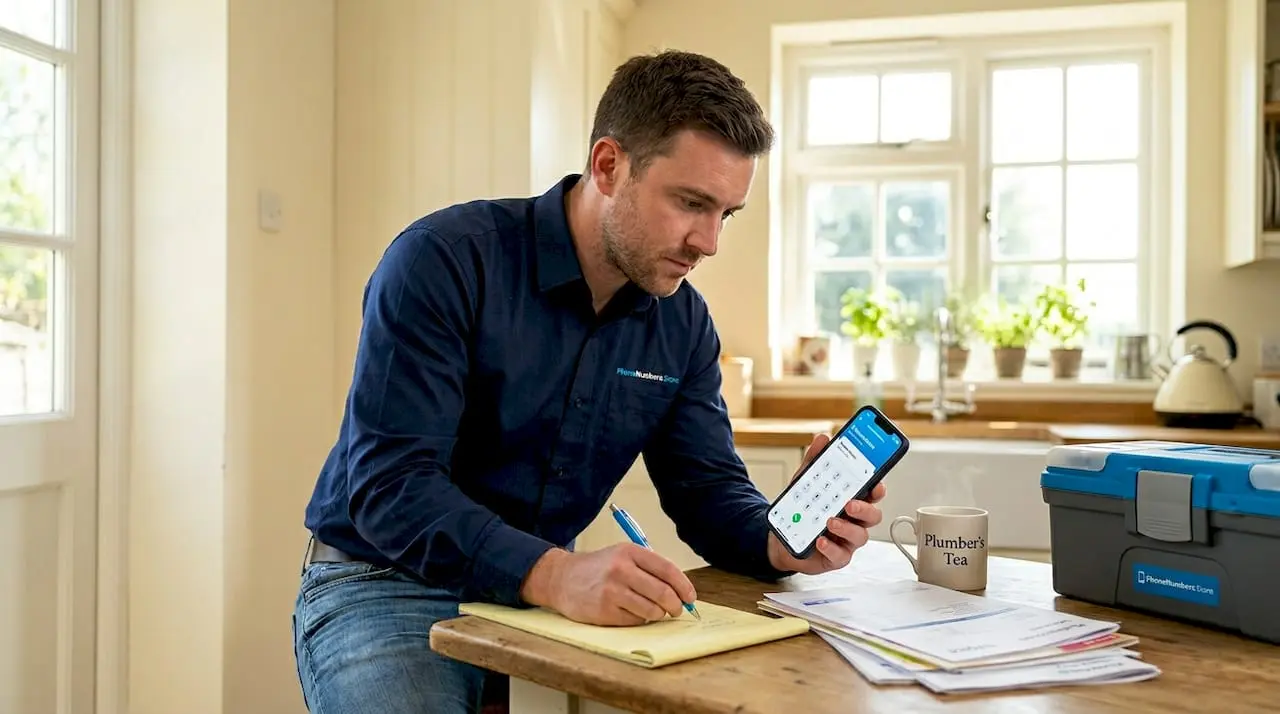 Plumber checking phone and taking notes