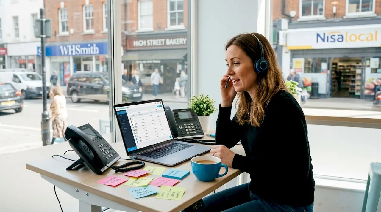 Businesswoman using VoIP phone in UK office
