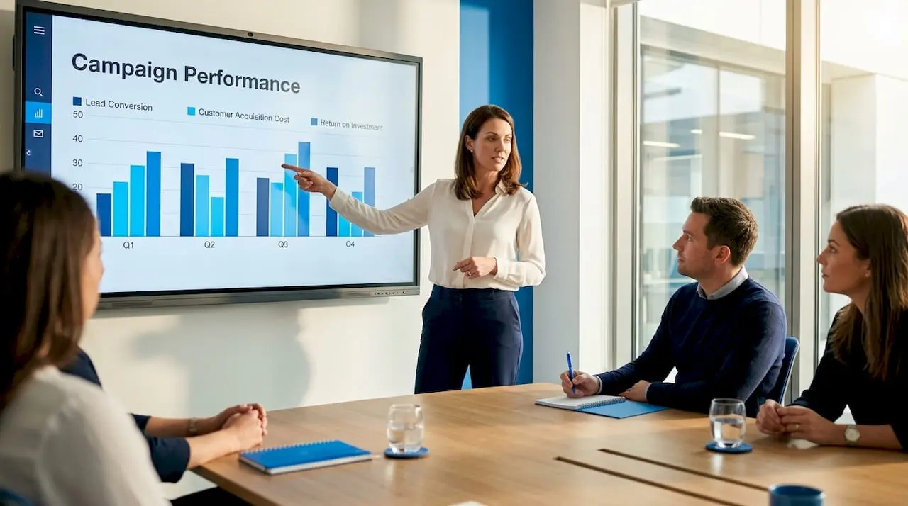 Marketing analyst presents campaign performance data