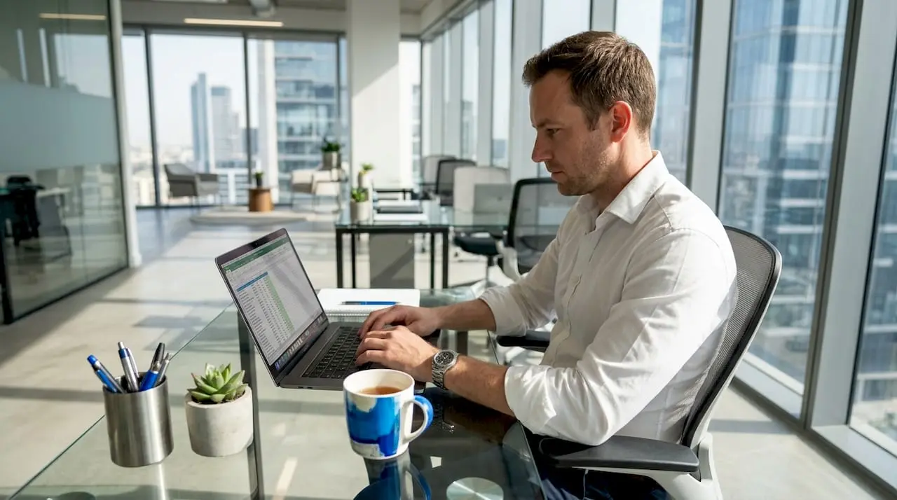 Business owner checks numbers at office desk
