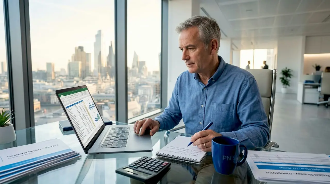 Business owner reviewing finances at desk