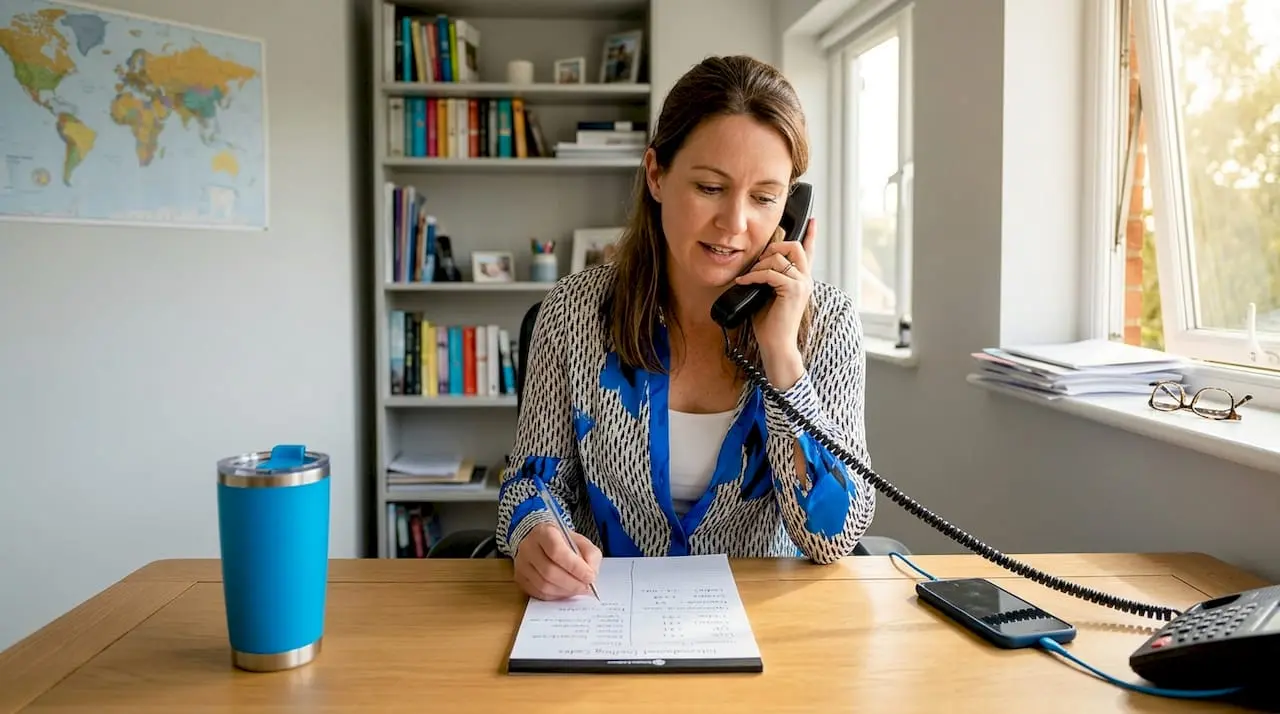 Woman making international phone call from desk