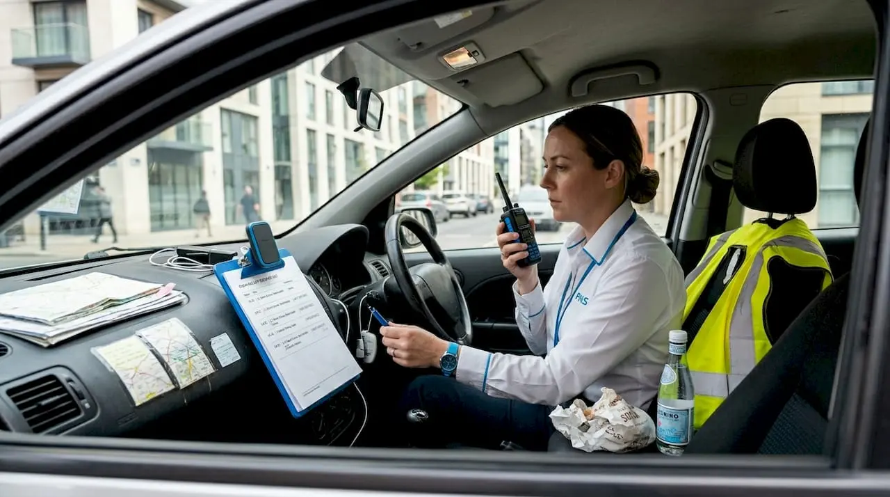 Taxi driver using radio with booking list in car