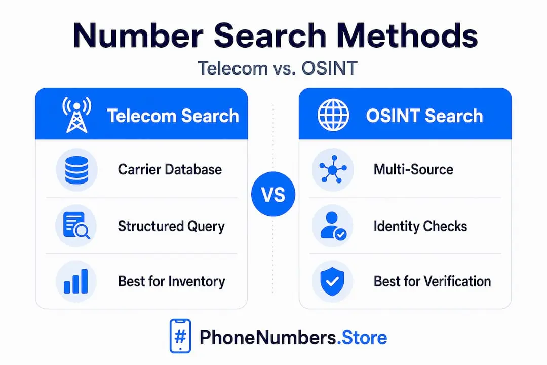 Infographic comparing telecom and OSINT number search methods