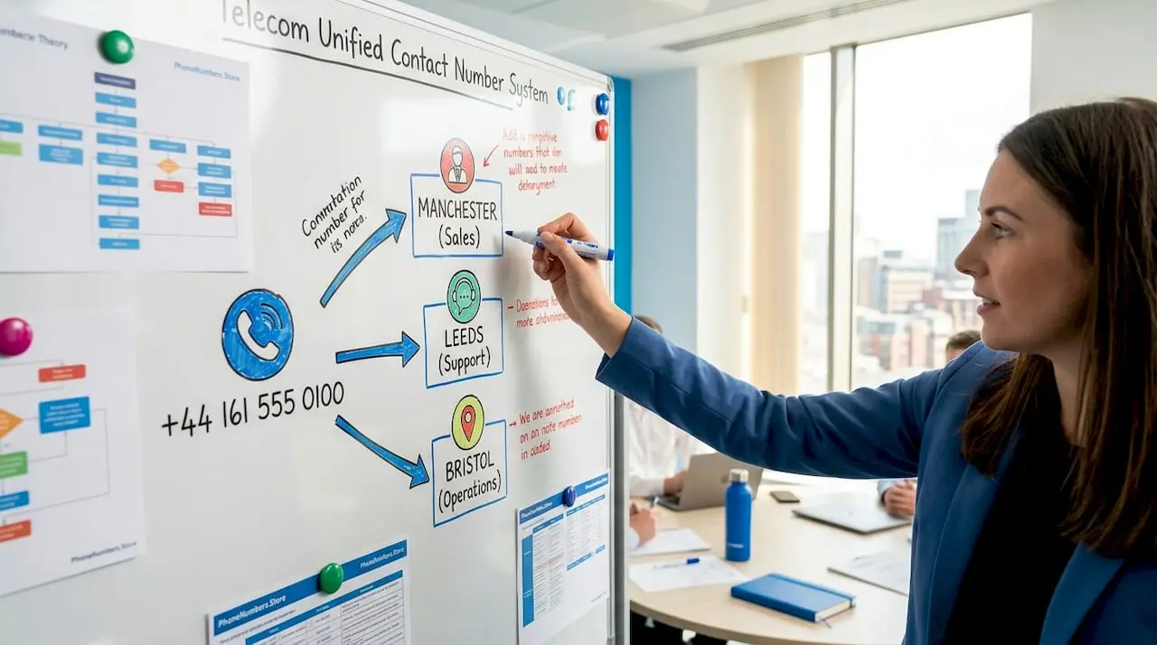Whiteboard with call routing diagram in office