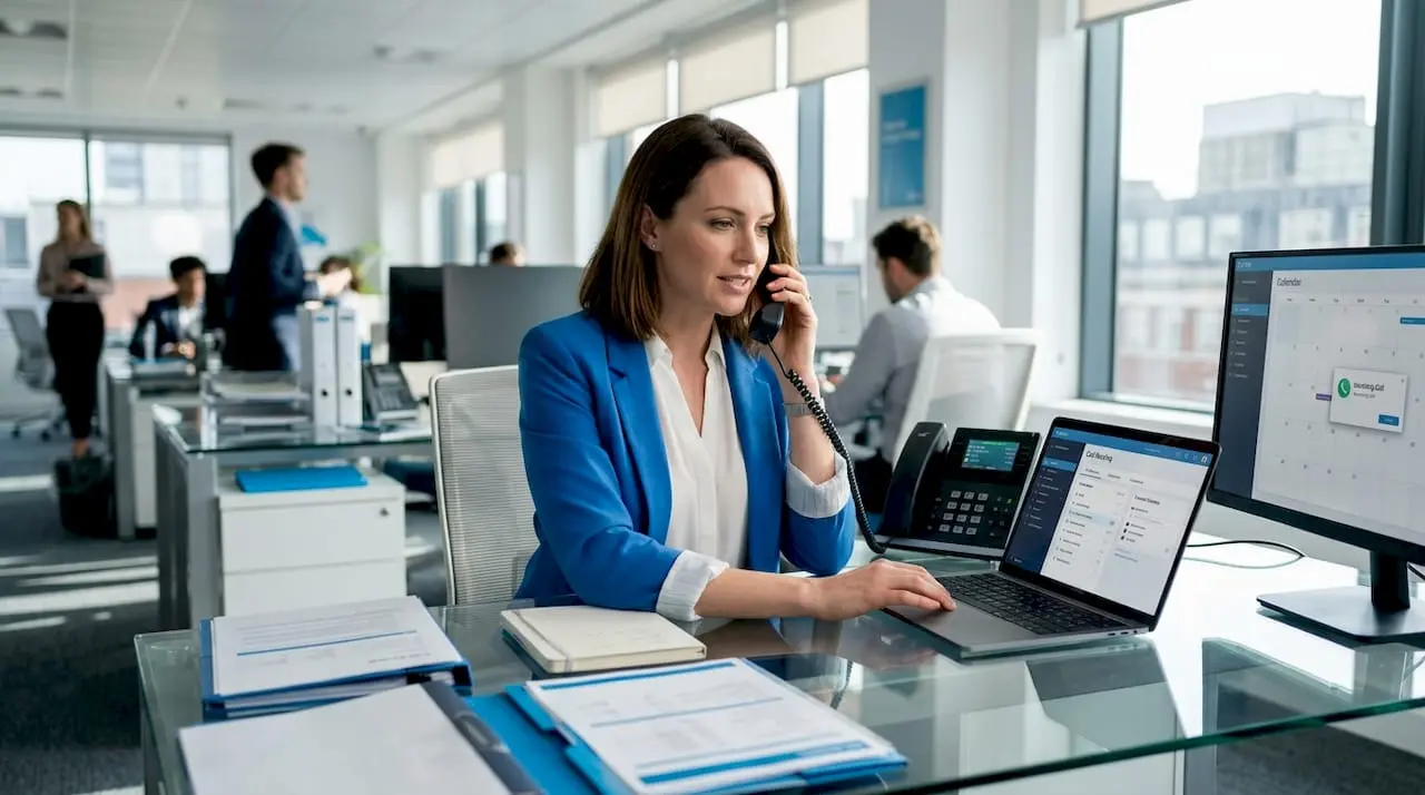 Businesswoman managing calls on unified phone system