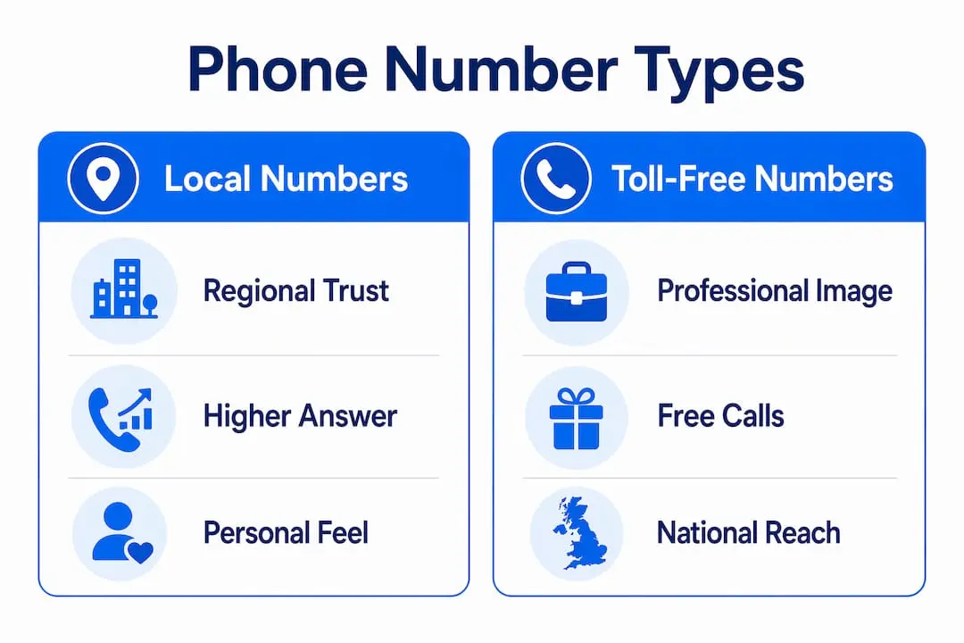 Infographic comparing local and toll-free phone numbers for UK businesses