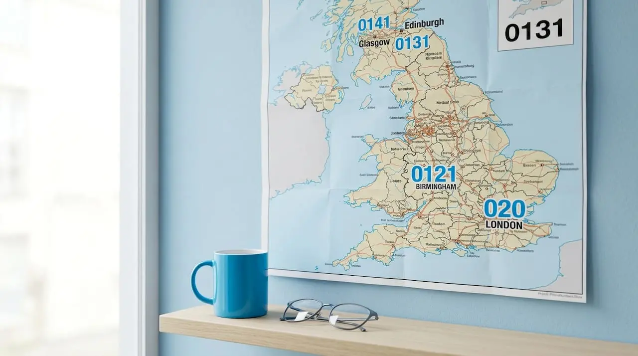 Close-up map showing UK regional phone codes