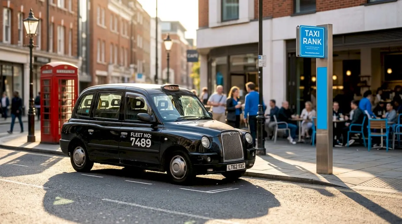 UK black taxi showing unique fleet number on side