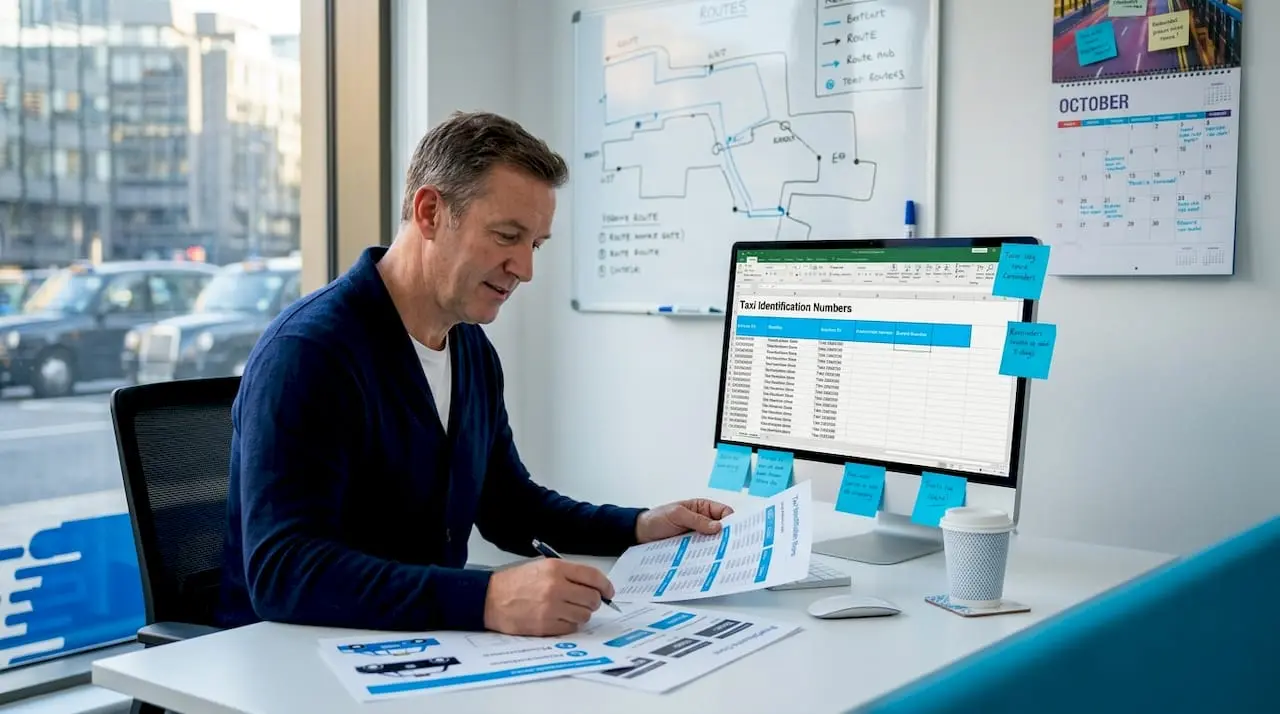 Fleet manager reviewing unique taxi identifiers at desk