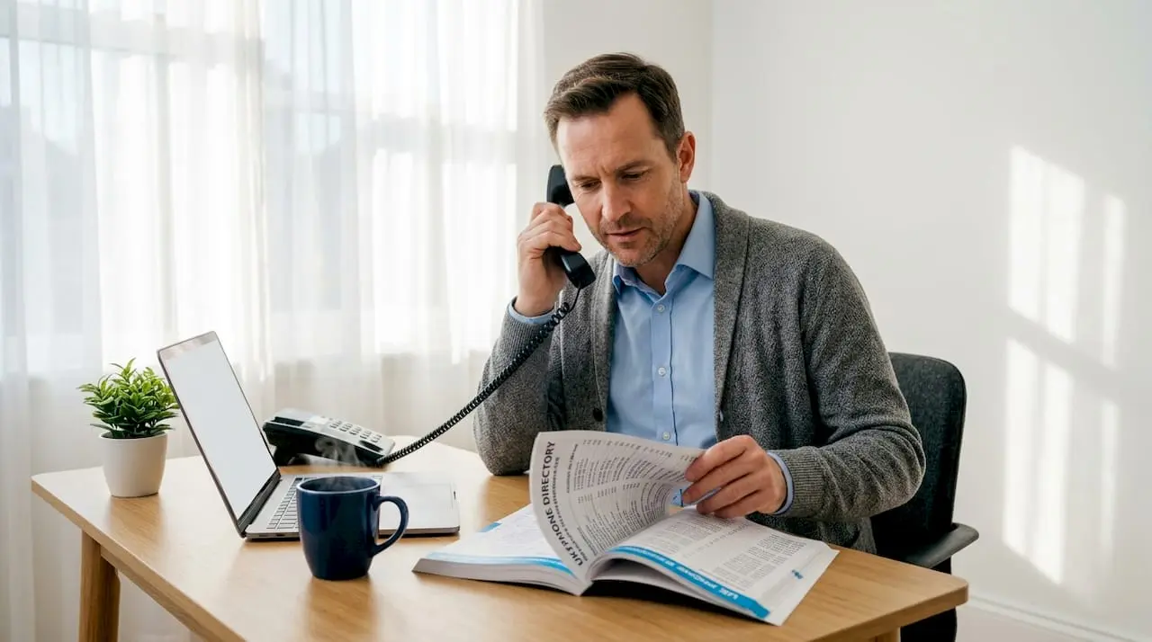 Man using UK landline telephone at desk